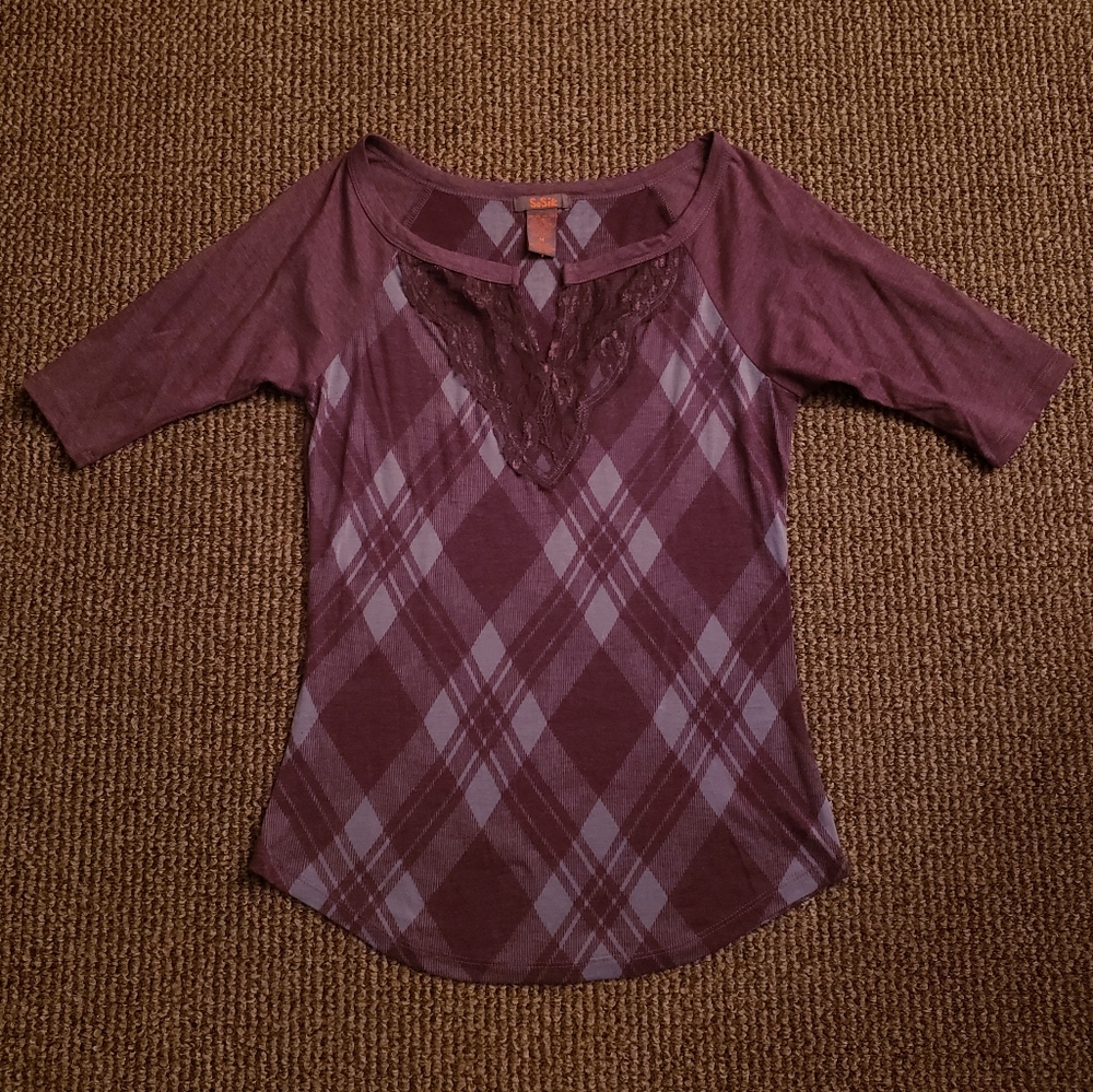 SoSik Plaid Lace Scoop V-Neck Blouse Top Purple Gray Medium